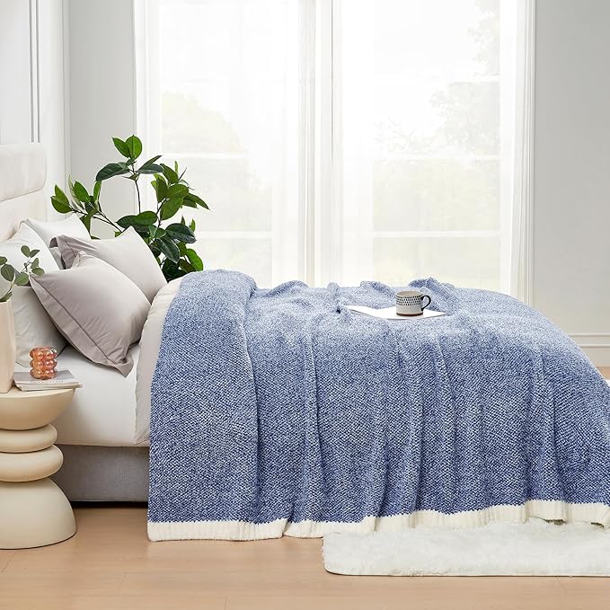 Snuggle Sac Royal Blue Blanket Twin Size for Bed and Sofa, Reversible Super Soft Blankets Warm Cozy Knit Blankets Fuzzy Plush Blankets, Heather Blue, 60x80 inches