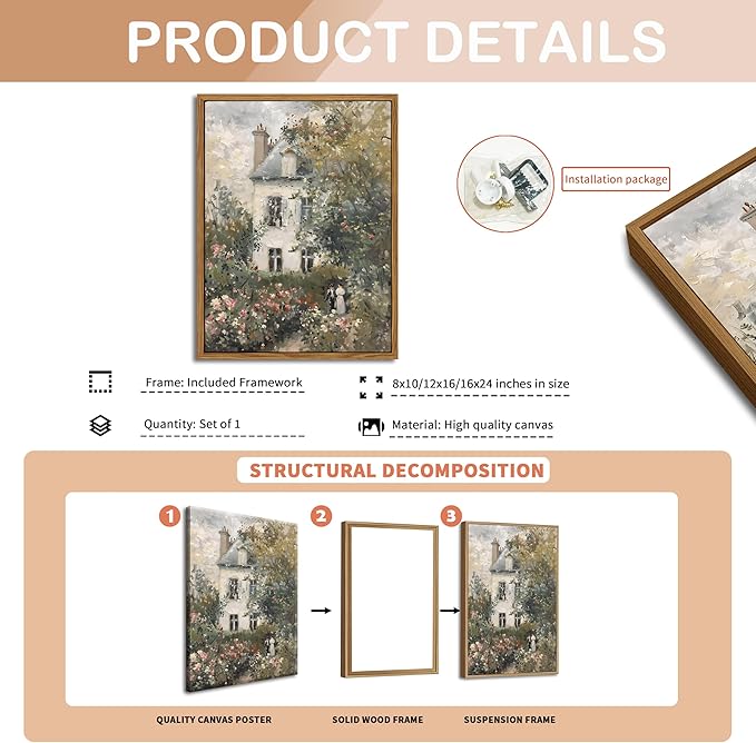 Floating Framed Canvas Vintage Wall Art, Neutral English Cottage Rose Garden Oil Paintings Print, Spring Pictures Wall Decor for Living Room Hallway Bedroom Office Rustic Decor 8x10 inch