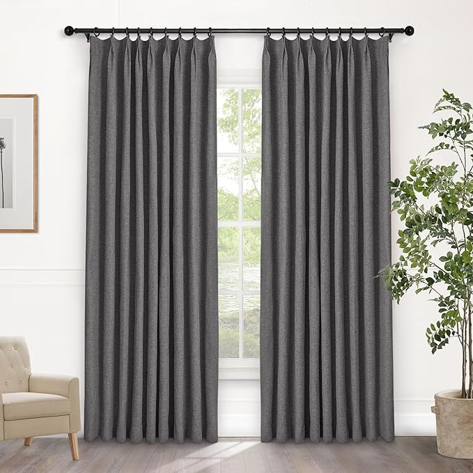 Macochico 100% Blackout Pinch Pleated Linen Curtains 84 Inch Length Thermal Blackout Curtains for Bedroom Living Room Nursery Natural Grey Farmhouse Burlap Curtains with Tieback 52”Wx84”L 1 Panel