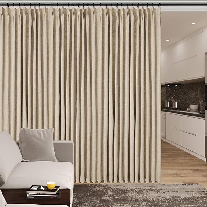 Full Blackout Privacy Curtains, 240 Inch Extra Wide Linen Blend Drapes, Pinch Pleat Window Drapery for Room Divider Storage/Space Room Separation, 1 Panel, W 240" x L 108", Sand Beige