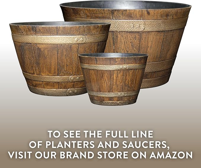 Classic Home & Garden Whiskey Barrel Planters - Wood Finish Flower Planter Pot - Stylish Garden Pots - Indoor & Outdoor Resin Planters - Weather-Resistant Planting Pots (15.5" Walnut Brown, Pack of 1)