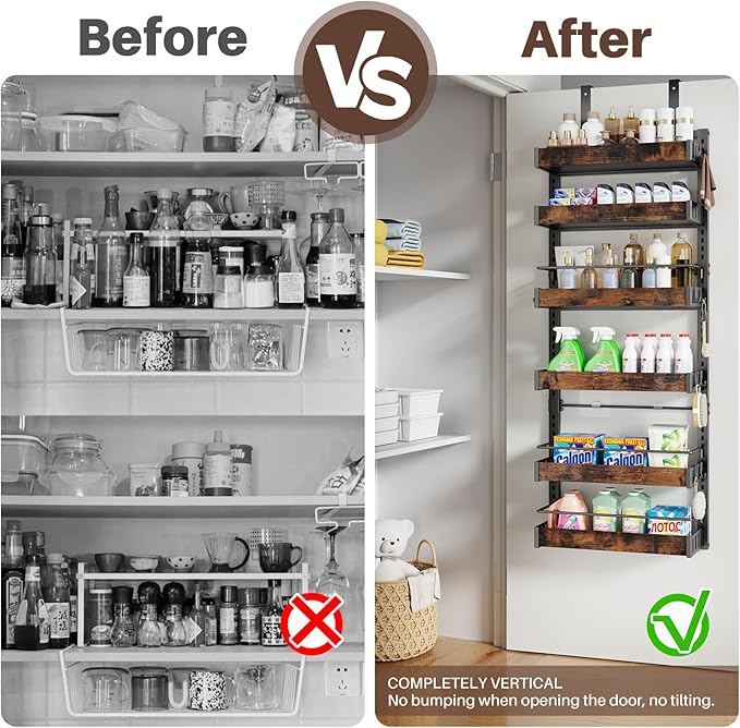 6 Tier Over The Door Pantry Organizer, 2 IN 1 Wall Mount or Metal Hanging Spice Rack for Pantry Organizers and Storage, Seasoning Shelves，Adjustable Basket with Hooks for Kitchen, Bathroom,Laundry