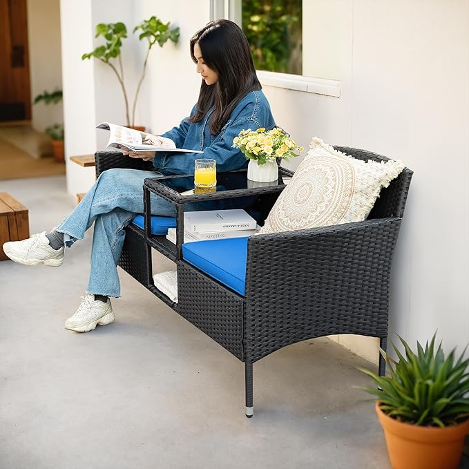 Flamaker Outdoor Furniture Patio Loveseat Wicker 2-Seat with Built-in Table and Cushions Rattan Porch Chairs Bench for Balcony, Lawn, Backyard (Blue)