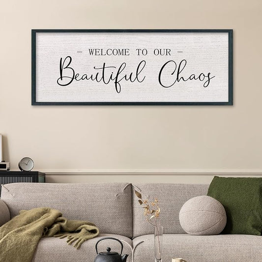comurdyo Welcome To Our Beautiful Chaos Wall Decor Art 40"X15" for Home Entryway Sign Large Wood Framed Wall Hanging (Black)
