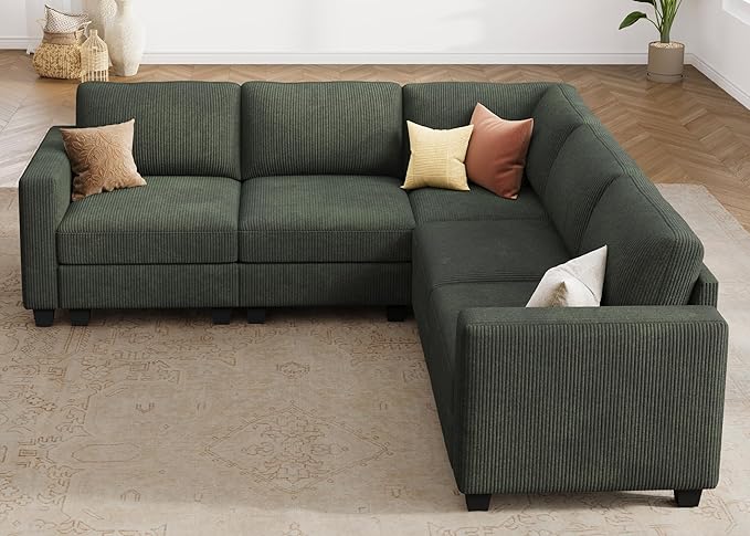 HONBAY Corduroy Modular Sectional Sofa with 5 Seaters, Sectional Corner Sofa with Chaise, L Shape Couches for Living Room, Green