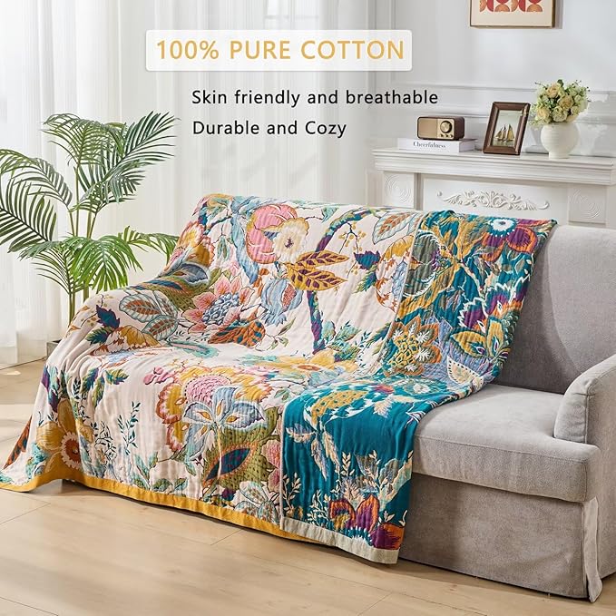 Ultra Soft Lightweight Cotton Quilts,Cozy Summer Boho Throw Blankets,Lightweight Reversible Muslin Blanket Decor Blankets for Armchair Travel, 80"x90" Large Muslin Mexican Throw Blanket