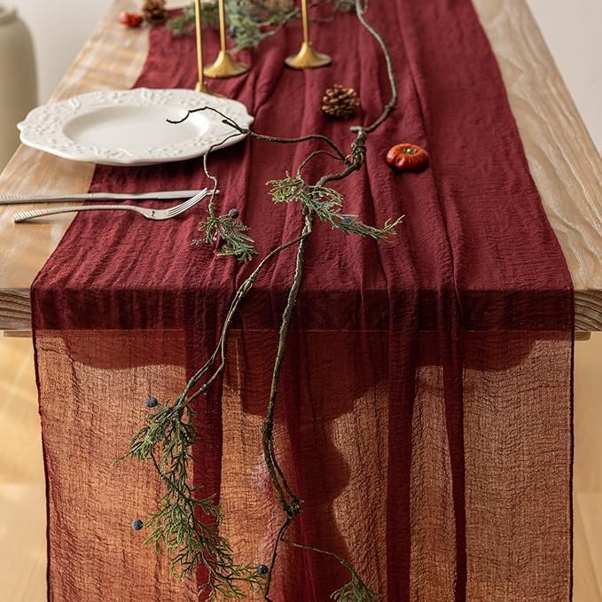 Burgundy Table Runner Red Cheesecloth Gauze 120 Inch 10 FT Rustic Boho Cheese Cloth Runner for Wedding Baby Shower Bridal Shower Birthday Party Long Sheer Home Decorations