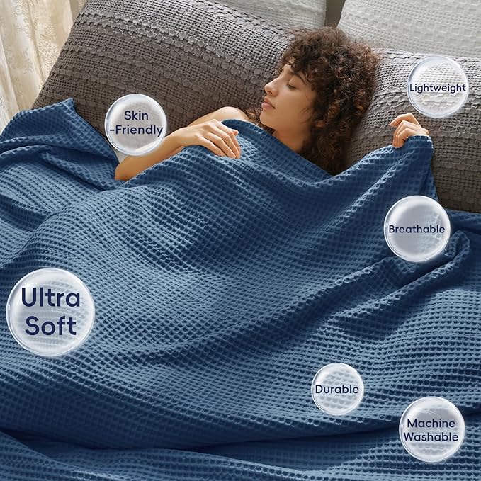 PHF Ultra Soft Waffle Weave Throw Blanket 50"x 60"- Washed Lightweight Breathablee Cozy Woven Blanket - Great for Couch Bed Sofa Home Car - Navy Blue