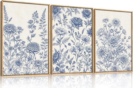 Classic Chinoiserie Floral Framed Canvas Wall Art Set, Blue and White Flower Wall Decor, Navy Watercolor Wall Painting, Minimalist Wildflower Art Print for Living Room, Bedroom - 24"x36"×3