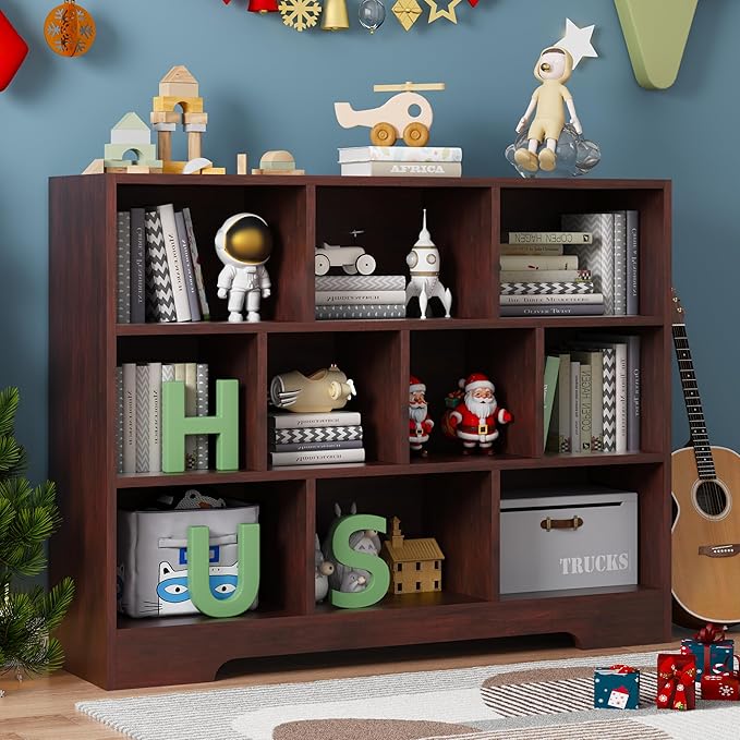 Book Shelf Set of 2, 10 Cubes Storage Organizer, 3-Tier Open Shelf Wooden Bookcase, Freestanding Cherry Bookshelf Cube Shelf for Bedroom, Living Room, Home Office