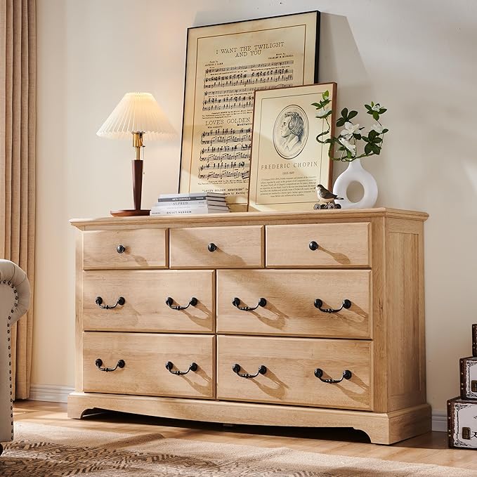 T4TREAM 7 Drawers Dresser Chests for Bedroom, Wood Vintage Chests of Drawers, Rustic Dressers Chset Organizer for Bedroom, Living Room, Hallway, Natural Oak