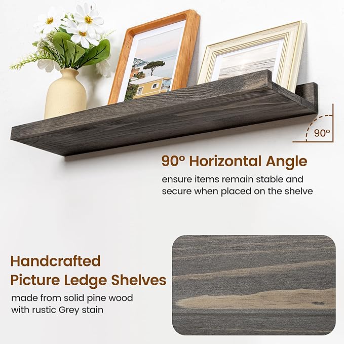 Picture Ledge Wall Shelves 56 Inches Width Set of 3, Solid Pine Wood Rustic Floating Ledge for Kids' Room Bedroom Kitchen Bathroom, Long Floating Shelves for Wall Decor, Grey