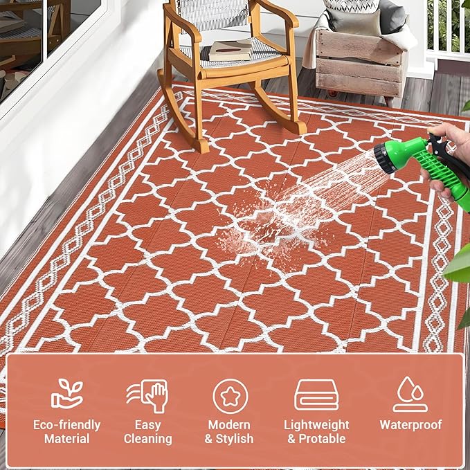 GAOMON Outdoor Rug 9'x12' Waterproof Rug for Patio Decor, Foldable Reversible Plastic Straw Area Rugs Mat for Camper, Outside Carpet for Deck, Porch, Picnic, Beach, Orange/White(Bohemia)