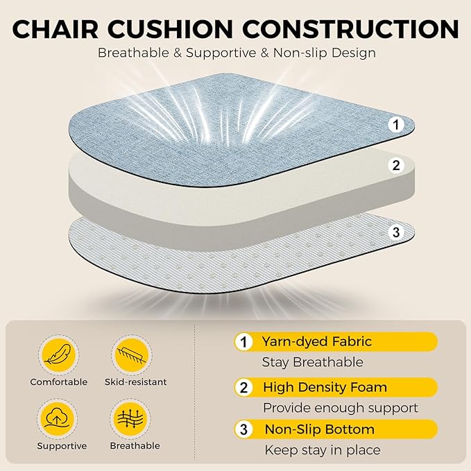 downluxe Indoor Chair Cushions for Dining Chairs, Soft and Comfortable Textured Foam Kitchen Chair Pads with Ties and Non-Slip Backing, 16" x 16" x 2", Light Blue, 2 Pack