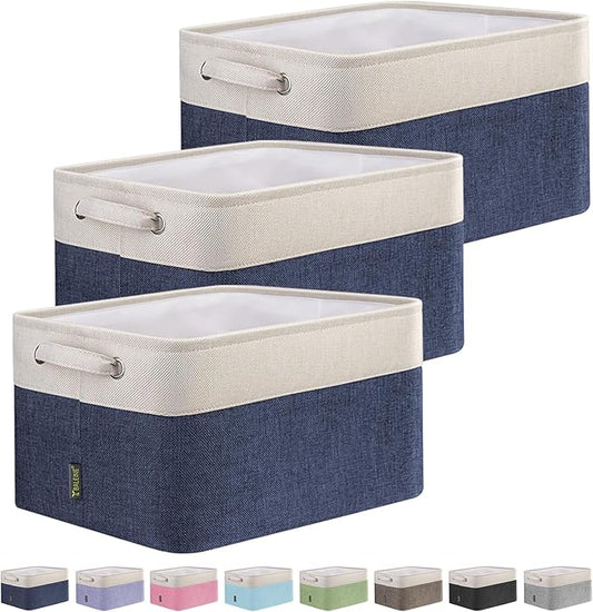 BALEINE 3 Pack Fabric Storage Bins for Shelves, Linen Storage Baskets for Organizing, Decorative Closet Bins for Clothes, Home (Navy Blue, 15"x11"x9.5")