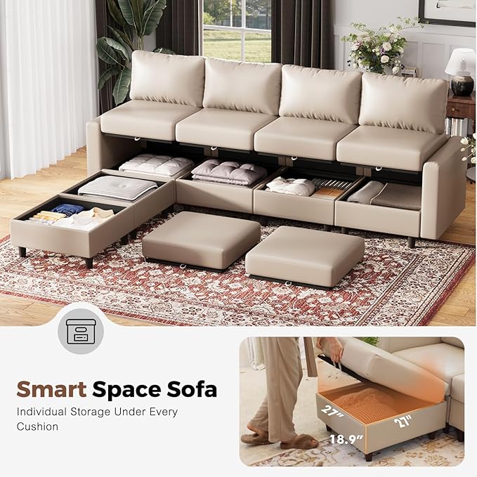 91.5" Luxury Modular Sleeper Sofa Bed with Storage Seat, 6 Seat Sectional Couch Deep Seat with Reversible Chaises & Removable Cover for Living Room - Faux Leather Whitesand