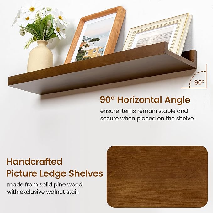 Picture Ledge Wall Shelves 56 inches Width Set of 3, Solid Pine Wood Rustic Floating Ledge Shelves for Wall for Kids' Room Bedroom Kitchen Bathroom Long Floating Shelves for Wall Decor, Walnut