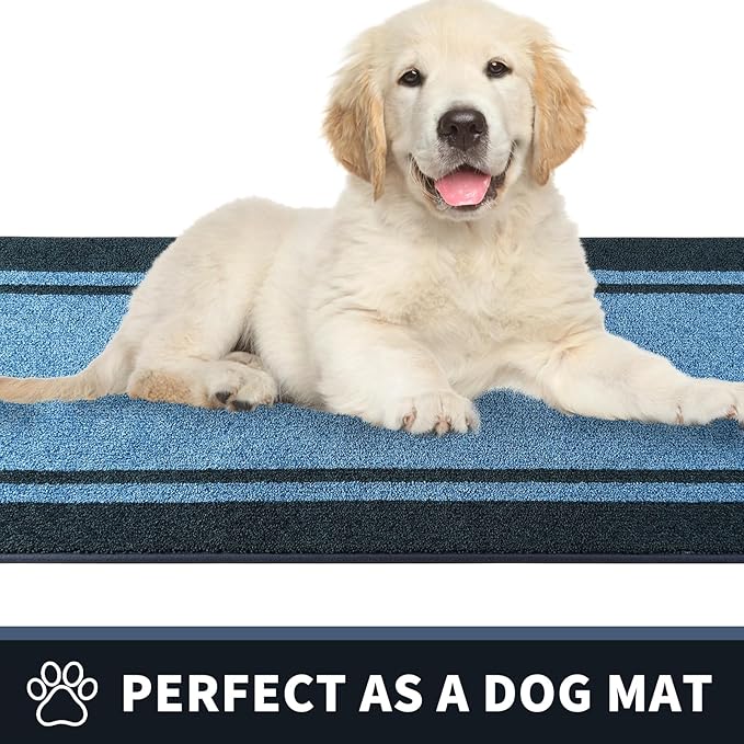 PURRUGS Dirt Trapping Door Mat 24" x 70", Non-Slip/Skid Machine Washable Entryway Rug, Shoes Scraper, Area Rug, Super Absorbent Welcome Mat for Muddy Wet Shoes and Paws, Light Blue & Navy