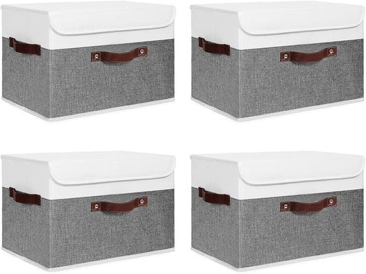 ANMINY 4PCS Storage Boxes with Lid Washable Decorative Storage Bins Basket with PU Leather Handle Foldable Linen Fabric Storage Cubes Containers for Home Closet Organizer - Gray White, Large Size