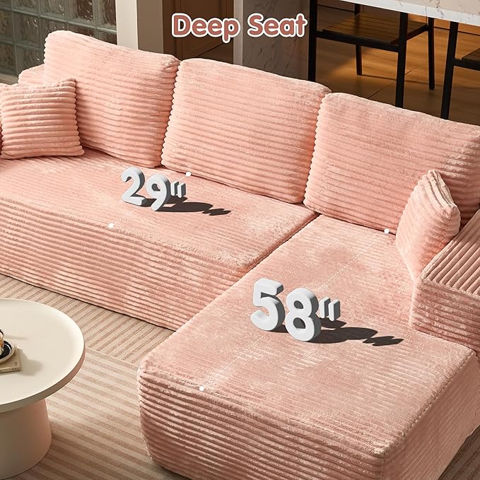 ovios 104" Cloud Sectional Couch with L-Shape Chaise,Modern Modular Sofa with Deep Seat, Upholstered Couches for Living Room Bedroom,No Assembly Required, Pink (Plush Corduroy Fabric)
