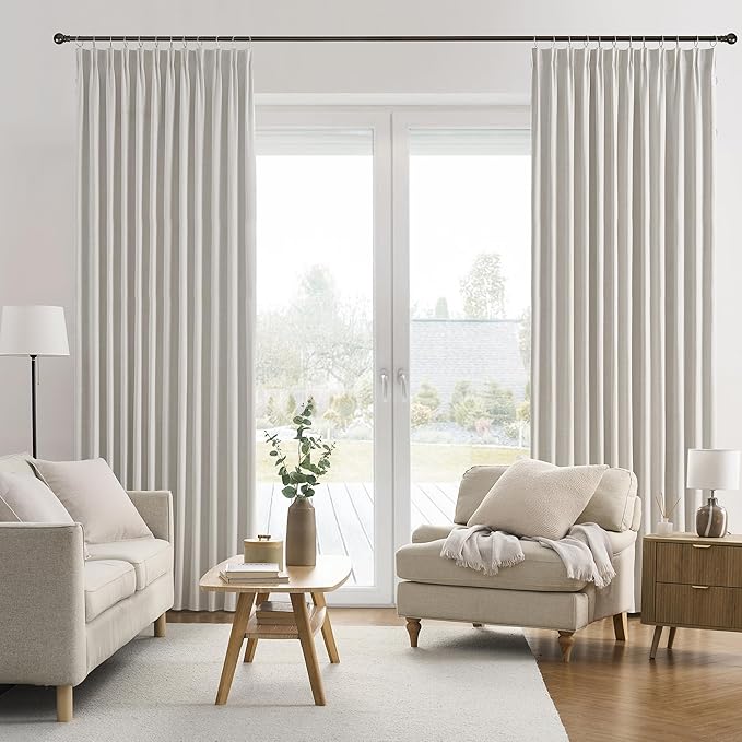 RAIN CITY Natural Birch Linen Blend Blackout Curtains 120 Inch Long 2 Panels, Farmhouse Sound Absorbing Track Curtain for Living Room 10 FT Extra Long Light Blocking Pleated Window Drapes