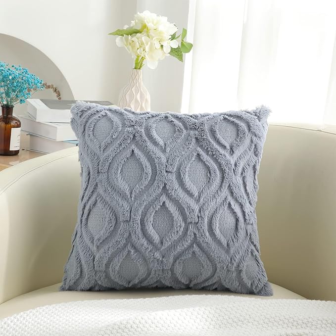 decorUhome Fall Throw Pillow Covers 26x26 Inch Set of 2, Soft Plush Decorative Faux Fur Blue Grey Solid Couch Pillow Covers, Accent Farmhouse Neutral Square Euro Pillow Cases for Sofa Bed Living Room