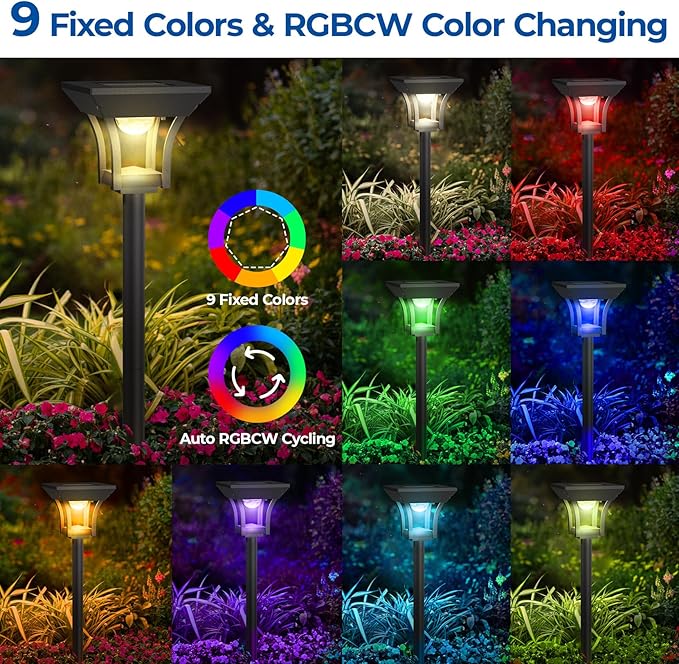 CINOTON 6 Pack RGBCW Solar Pathway Outdoor Lights, 3 Lighting Modes Solar LED Garden Light, IP65 Waterproof Outside Solar Powered Landscape Lighting for Patio Walkway Yard Driveway RGB/Warm/Cold White