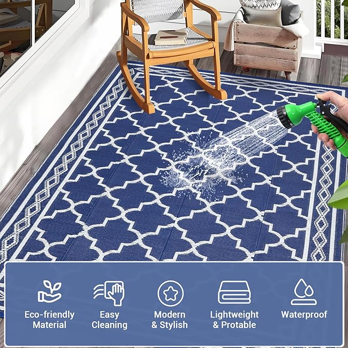GAOMON Outdoor Plastic Straw Rug, 10'x14' Reversible Sage Green Patio Mat, Flower Modern Design for RV, Backyard, Deck, Camping, Picnic, Navy/White(Geometric)