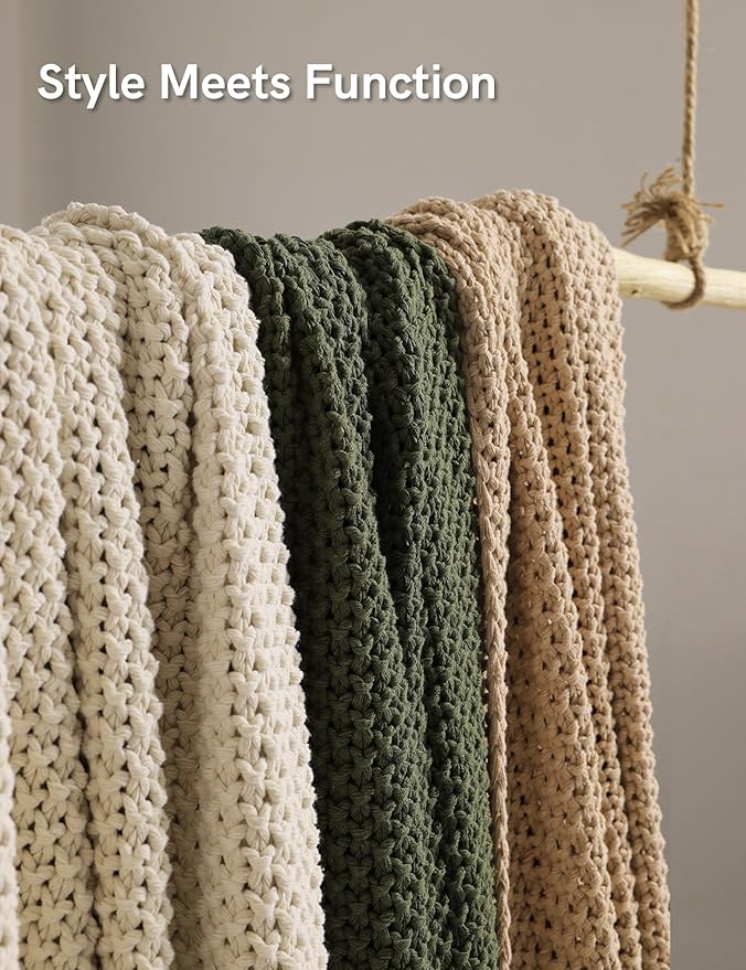 YnM Chunky Cotton Knit Throw Blanket, Cable Knit Throws for Bed Couch Sofa, Comfy & Relaxing, Decorative Piece for Farmhouse Modern Boho Rustic Scandinavian Chic Vibe, Beige 80x87 Inches