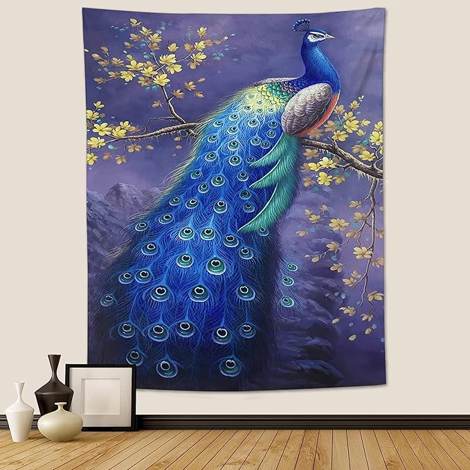 yowecso Peacock Tapestry Wall Hanging for Bedroom, Living Room - Purple Peacock Bird Tapestry - Aesthetic Wall Decor - 50"x60"