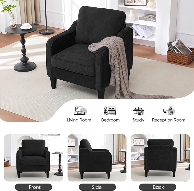 Accent Chairs Set of 2, Upholstered Living Room Chairs with Side Pockets, Mid Century Modern Reading Chair for Bedroom, Comfy Armchair Single Sofa Side Chair for Office, Small Room, Black