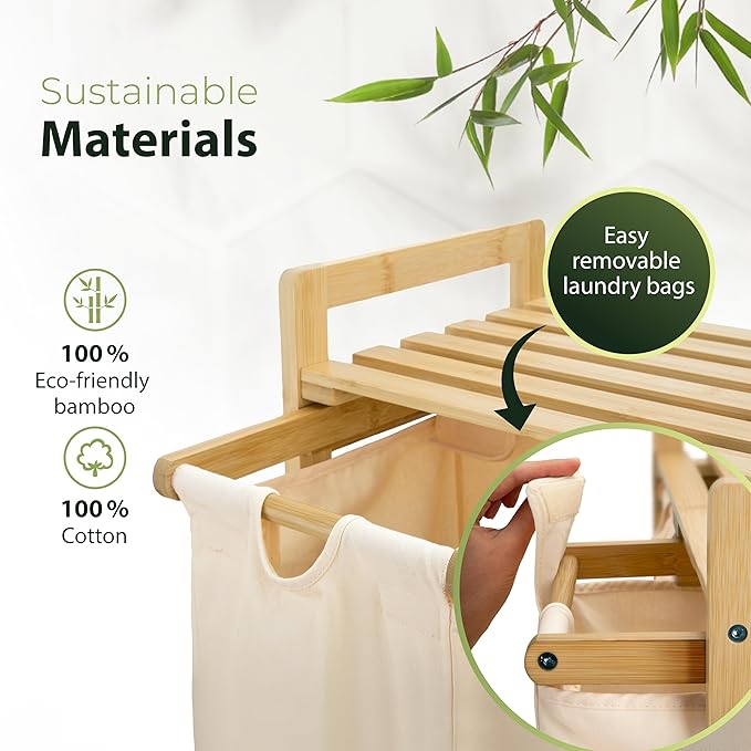 Laundry basket with wheels beige - Large Bamboo Laundry Sorter with Removable Cotton Bags - 3 Section laundry room organization - Durable, Eco-Friendly, and Stylish Storage Solution for Home