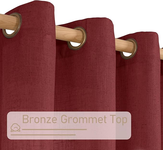 LAMIT 90 inch Red Linen Curtains for Living Room 2 Panels, Light Filtering Christmas Drapes Semi Sheer Bronze Grommet Curtain Panels for Bedroom/Farmhouse, Burgundy Red, 52 x 90 Inch