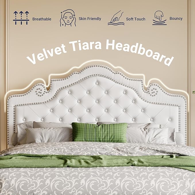 Allewie Queen Bed Frame with Adjustable Velvet Tiara Headboard, Upholstered Diamond Button Tufted Platform Bed, Wood Slats Support, No Box Spring Needed, Mattress Foundation, Easy Assembly, White