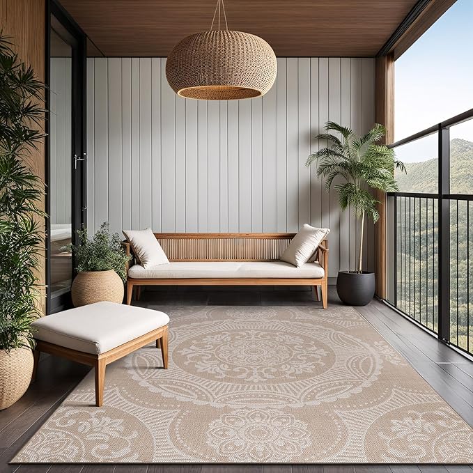 Medallion Outdoor Rug 5x7 Washable Outside Carpet for Indoor Patio Porch Waterproof Easy Cleaning Non Shedding Area Rugs Beige 5 x 7