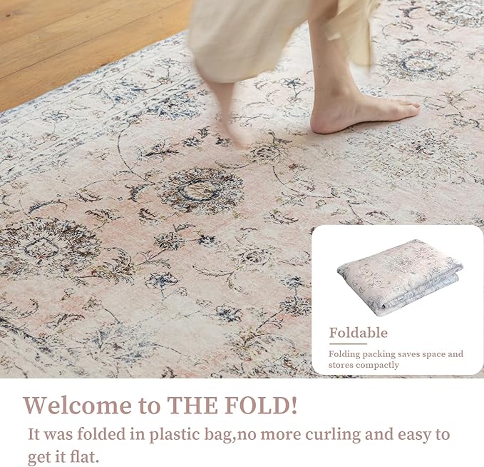 3'x5' Vintage Floral Rug - Persian Inspired Low-Pile Faux Wool Area Rug, Non-Slip Washable Small Rug for Bedroom, Nursery, Dorm, Soft Pink Boho Chic Decor