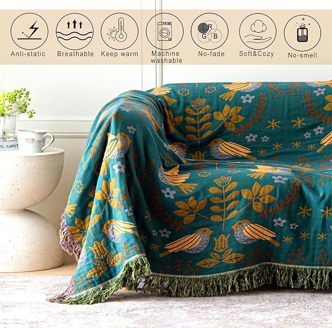 Cotton Throw Blanket 100% Muslin for Couch Bed 80''x 90'' Farmhouse Blanket 4-Layer Summer Blankets Boho Quilt Decor for All Seasons Cozy Soft Lightweight Knitted Warm Blanket Gifts for Women