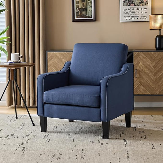 VINGLI Mid Century Modern Accent Chair, Navy Blue Fabric Accent Chairs for Living Room, Upholstered Armchair with Scooped Arms for Bedroom, Apartment, Studio, Office, Waiting Room