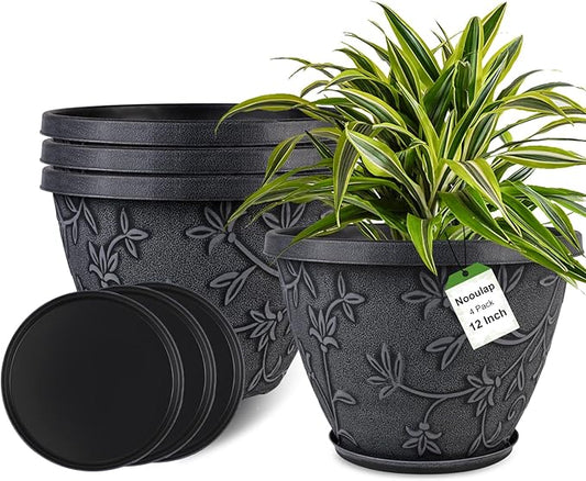 4 Pack 12 Inch Large Flower Pots for Outdoor Indoor, Plastic Plant Pots with Drainage Hole & Saucer, Modern Decorative Garden Pot, Imitation Magnolia Pots for Garden House Planters（Gray）