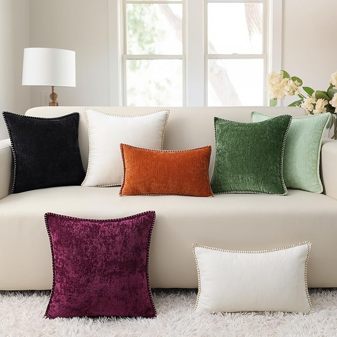 decorUhome Chenille Soft Throw Pillow Covers 16x16 Set of 2, Farmhouse Velvet Neutral Decorative Euro Pillow Covers with Stitched Edge for Couch Sofa Bed Home Decor, Black