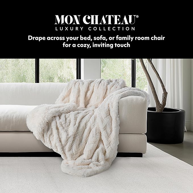 Mon Chateau Premium Reversible Queen Size Luxury Faux Fur Throw for Couch, Sofa, or Queen Size Bed - Plush Cozy Soft Blanket for Sleeping or Home Décor, 60" x 70" (Ivory Jacquard)