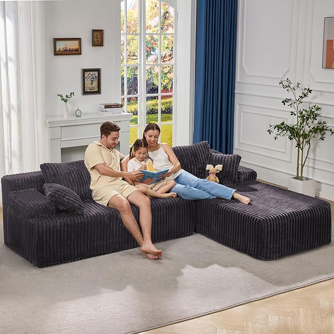 Hobestluk Modular Sectional Sofa Couches 108" L-Shape Couch 3 Seat Modular Sofa Memory Foam Sectional Couches for Living Room, Boneless Couch with Oversized Chaise (Grey, Right Facing)