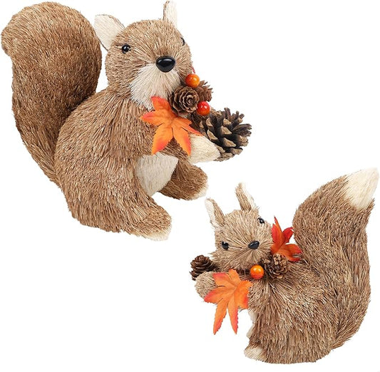 winemana Set of 2 Fall Table Decor-Squirrels with Leaves Pine Cones Thanksgiving Home Decorations Indoor Sisal Figurines, Cozy Fall Office Harvest Centerpiece Christmas Kitchen Décor