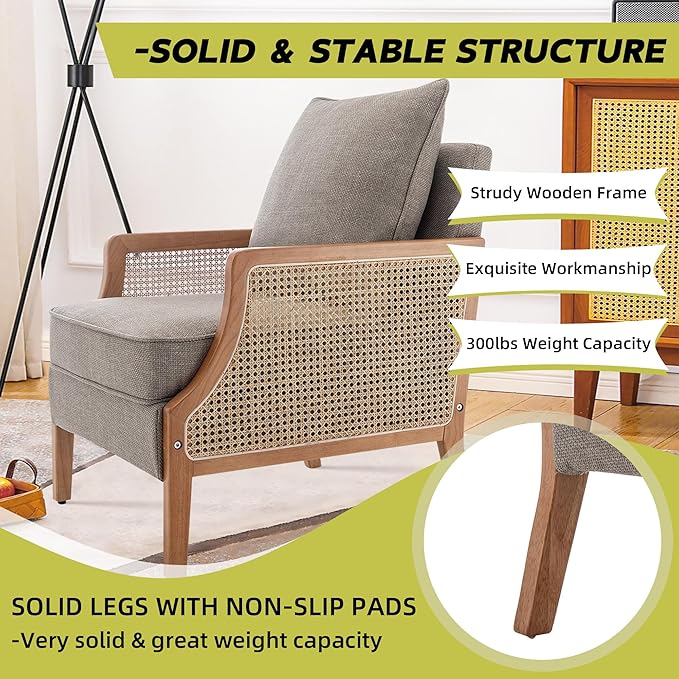 HAOBO Home Mid Century Modern Accent Chair Upholstered Living Room Chairs Armchair with Rattan Armrest Comfy Reading Chair with Wood Frame Lounge Side Chair with Waist Cushion Set of 2