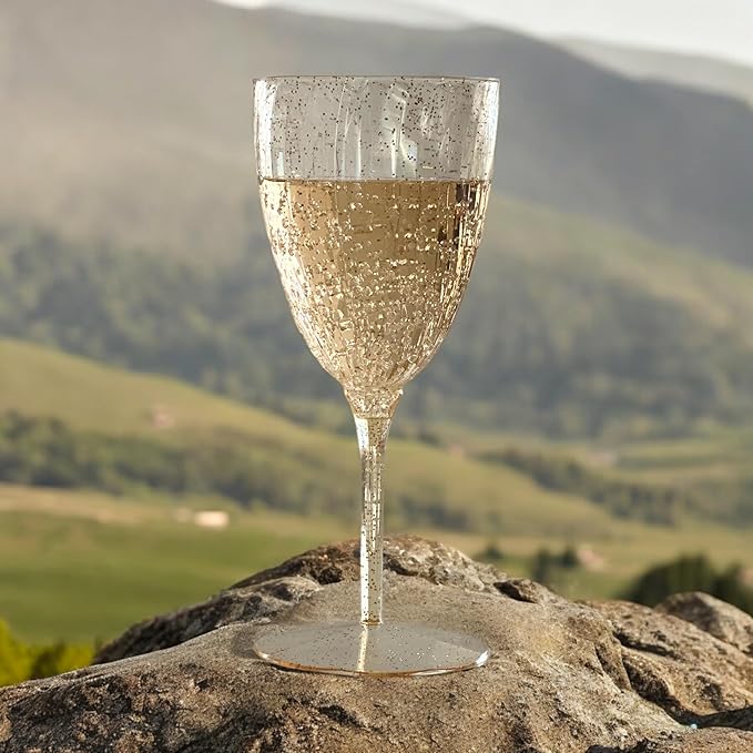 Oojami Elegant Plastic Champagne Flutes - 32 PCS, 7.8oz Disposable & Reusable Wine Glasses - Perfect for Home, Parties, Weddings, Birthdays & Celebrations (32, Gold Glitter)
