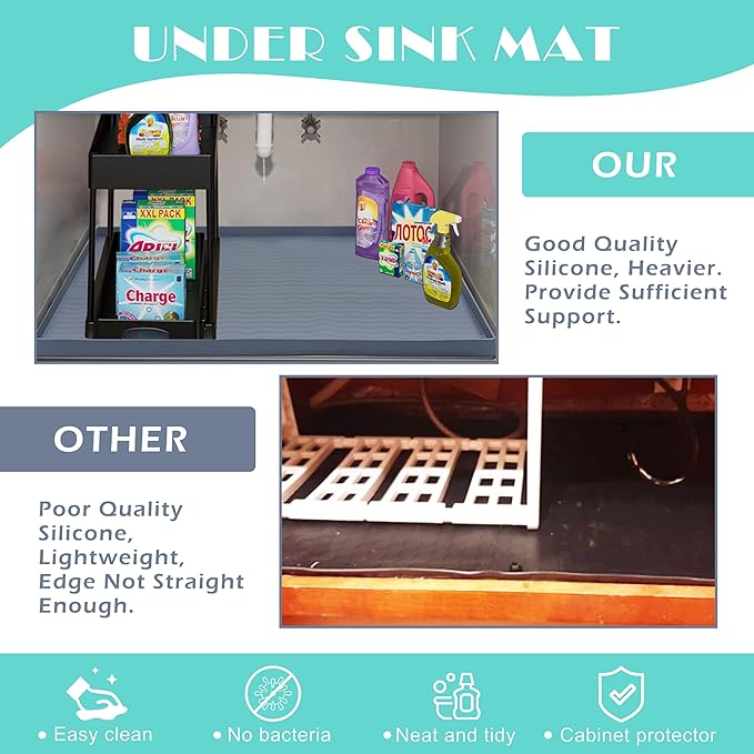 URMONA Waterproof Silicone Under Sink Mat 34'' x 22'' Shelf Liner for Kitchen and Bathroom, Cabinet and Counter Protector, Storage and Organizers, Litter Mat, Pet Cat Puppy Essentials(Black)