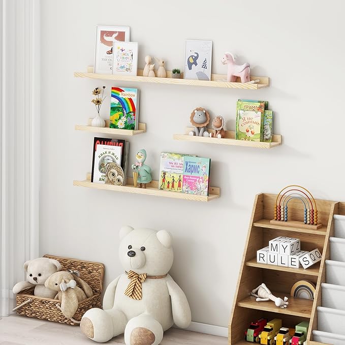 Pine Wood Nursery Book Shelves 3 Pack, Floating Ledge Shelves for Kids' Room, Bedroom, Bathroom, Long Floating Shelves for Wall, Natural