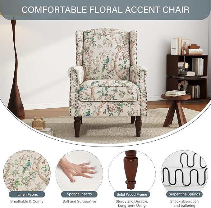 UIXE High Back Floral Accent Chair, Fabric Upholstered Armchair for Living Room, Retro Wingback Arm Chair with Solid Wood Legs, Nailhead Trim Single Sofa Bedroom Reading Seat - Bird Pattern