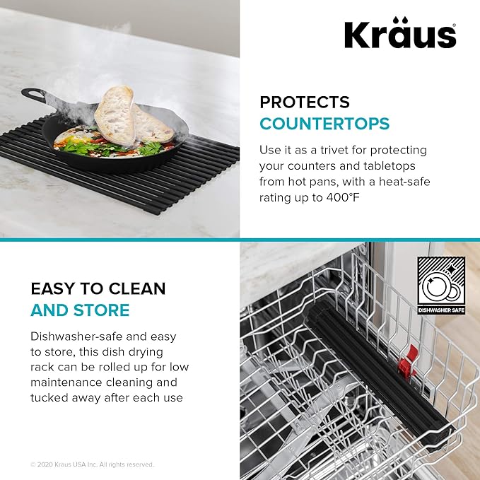 KRAUS Multipurpose Over-Sink Roll-Up Dish Drying Rack, Colander and Trivet in Aqua, KRM-10AQ