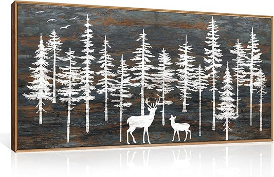 Modern White Forest Framed Canvas Wall Art Set, Minimalist Woodland Art Painting, Retro Tree Landscape Wall Decor, Wildland Deer Artwork for Living Room, Dining Room, Office - 20"x40"